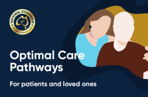 An illustration of two people embracing, with the text Optimal Care Pathways for patients and loved ones over the top.