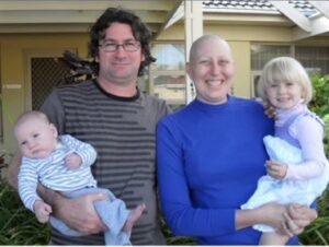 Carlia and her family outside their accommodation in Adelaide.