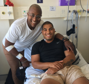 Sage with his Dad, Karlton, after donating his blood cells in November 2017